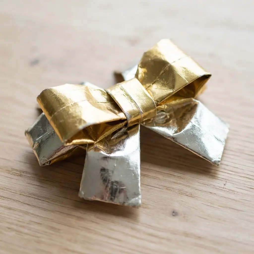 A gleaming gold origami bow with a central knot, reflecting light from its crisp foil surface.