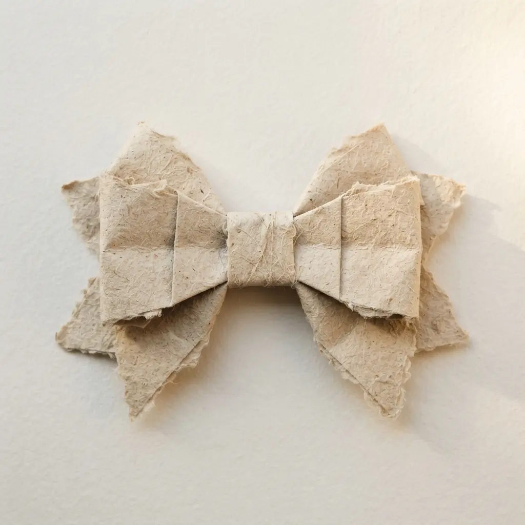 A flat origami bow design pressed onto a card, highlighting the fibrous texture and natural color of handmade paper.
