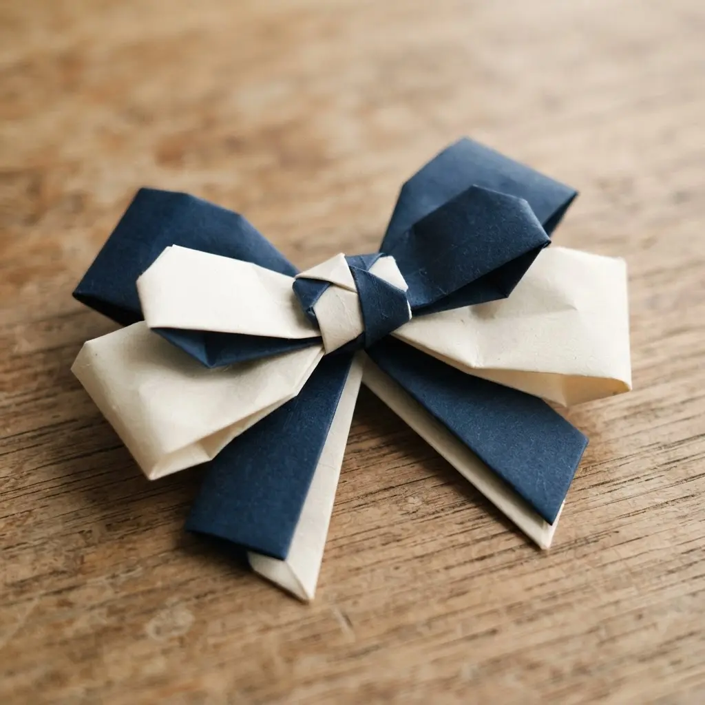 A three-dimensional origami bow with large loops, one side in navy blue and the other in cream paper.
