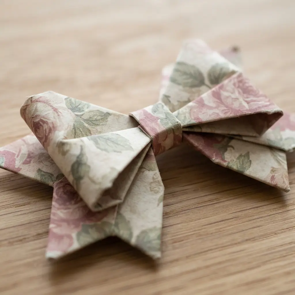 A delicate origami bow attached to a greeting card, made from paper with a soft, vintage rose print.