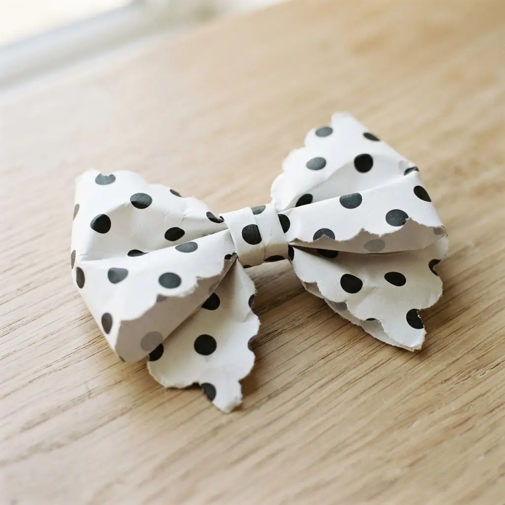 A cheerful white origami bow with black polka dots and scalloped edges on each loop.