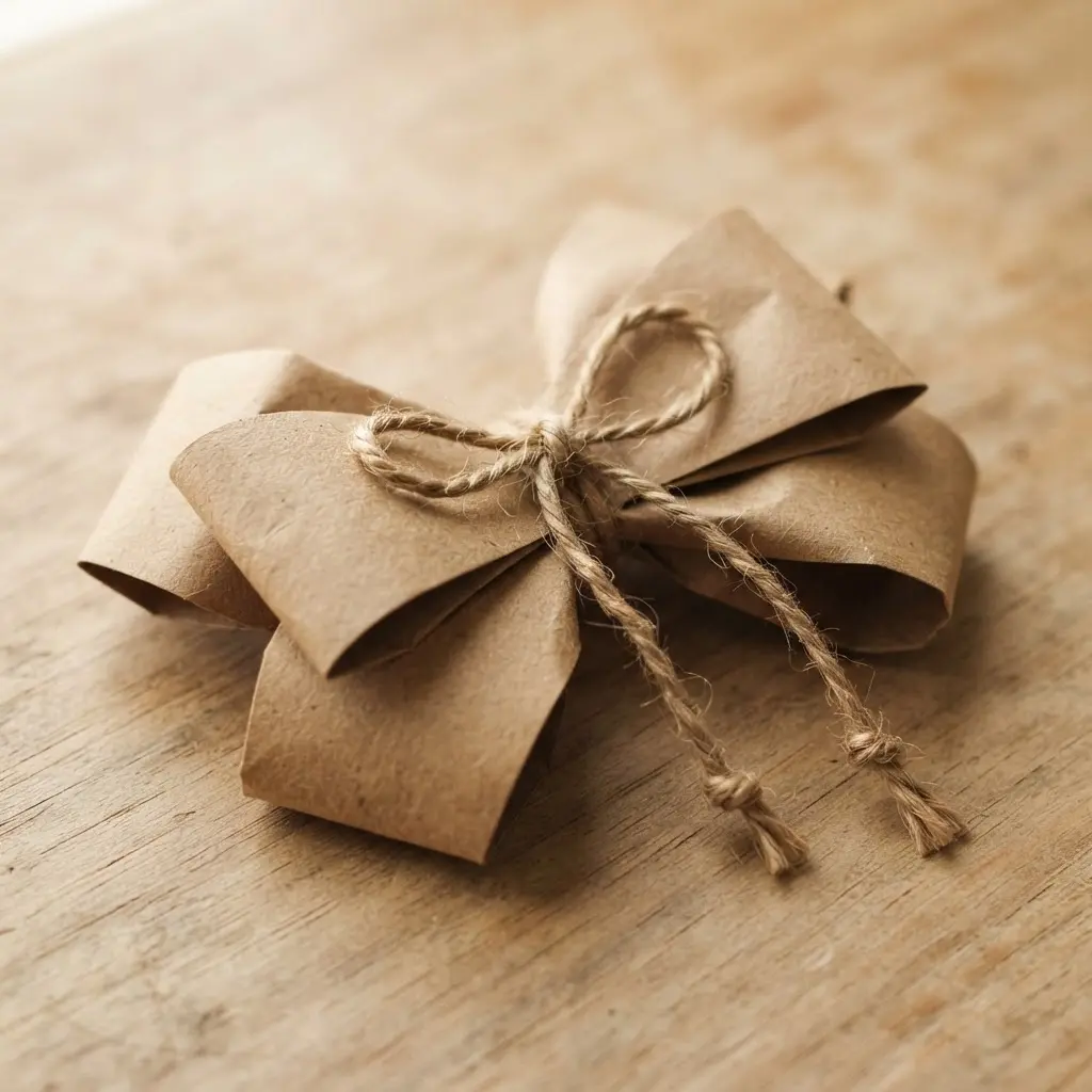 A rustic origami bow fashioned from sturdy kraft paper, tied with a twine tail, sitting atop a wrapped gift.