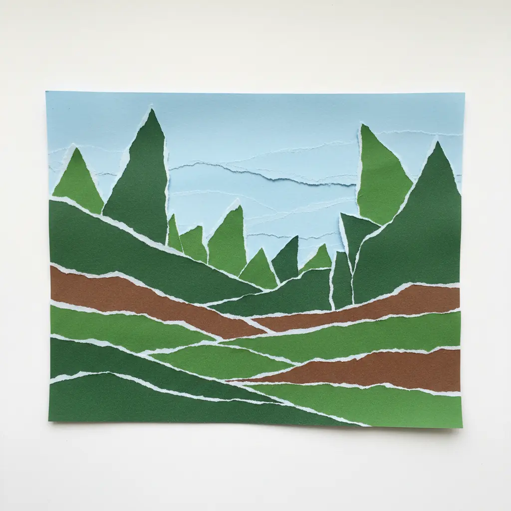 A textured forest scene made from torn green and brown construction paper on a blue sky background.