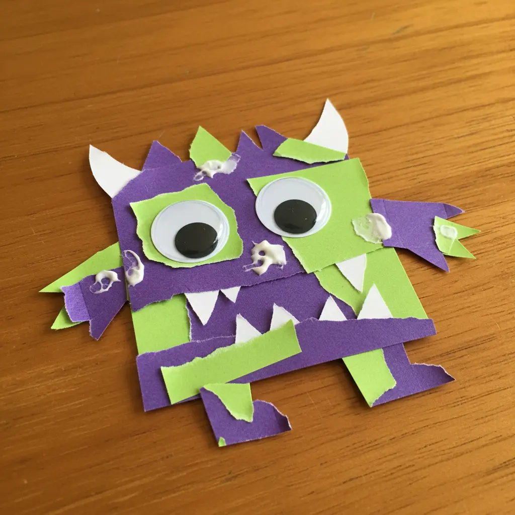 A friendly, abstract monster shape made from assorted paper scraps and large, wobbly googly eyes.