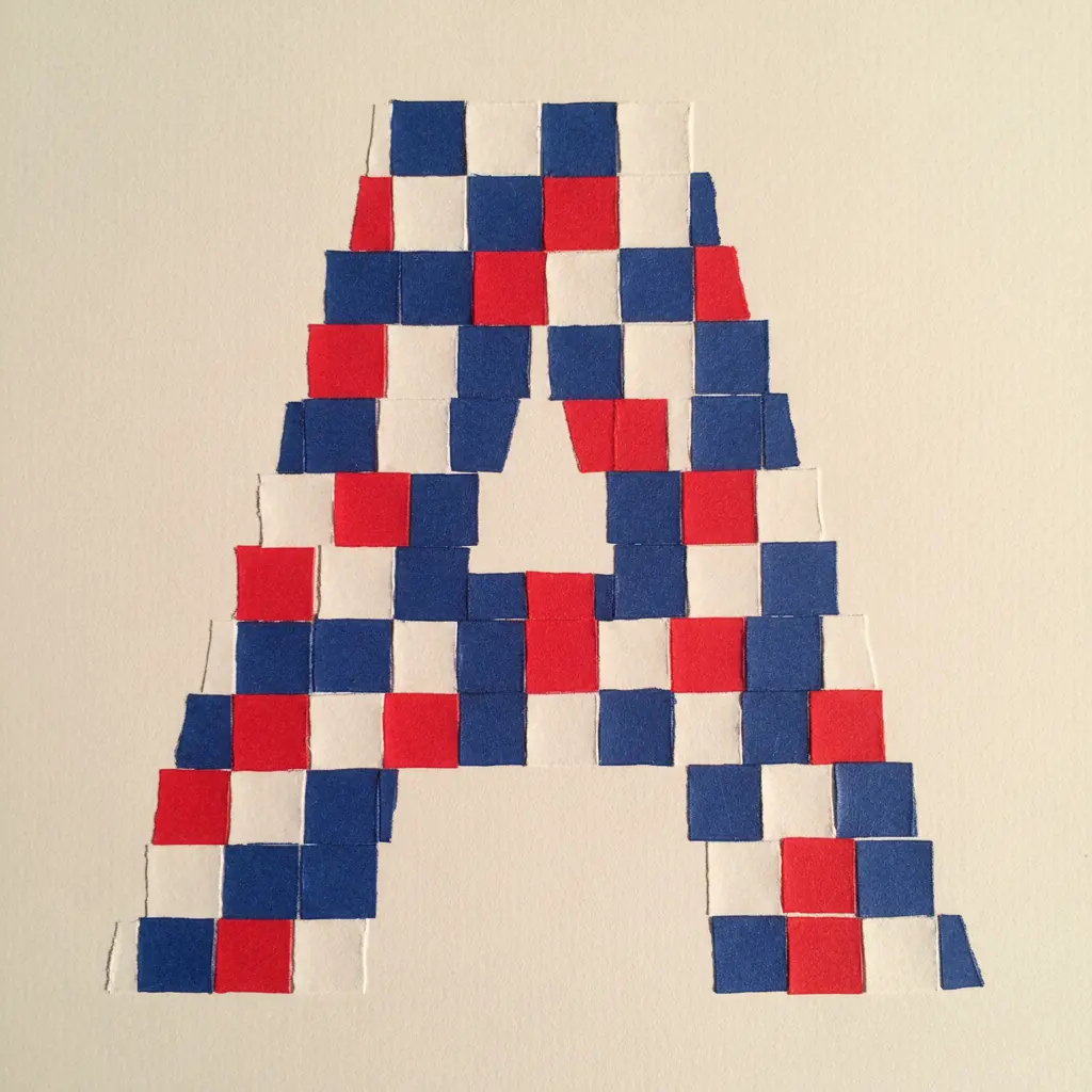 A single capital letter outline filled with a mosaic of tiny, colorful paper squares.