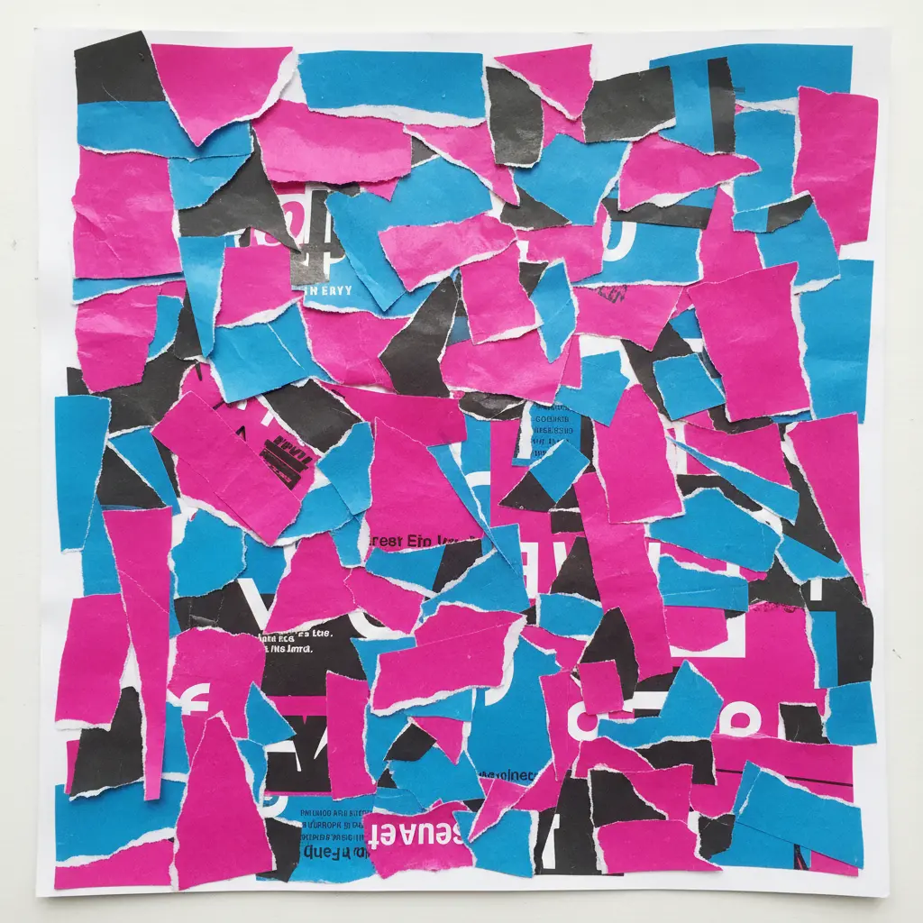 A non-representational collage of overlapping text and image fragments cut from colorful junk mail.