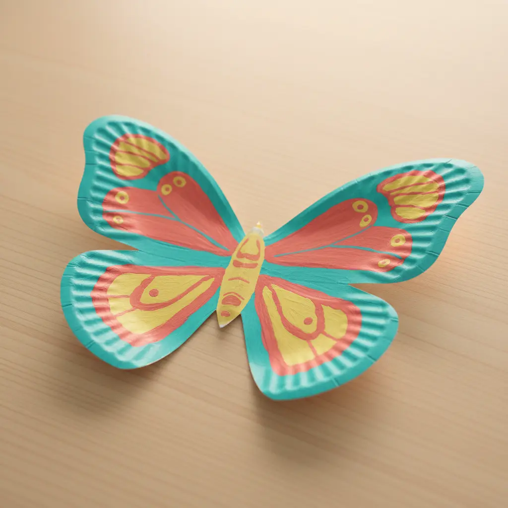 A paper plate cut and folded into butterfly wings, decorated with symmetrical paper shapes and patterns.