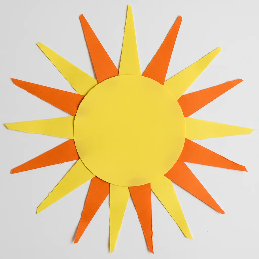 A central yellow paper circle surrounded by long, pointed rays cut from yellow and orange paper.