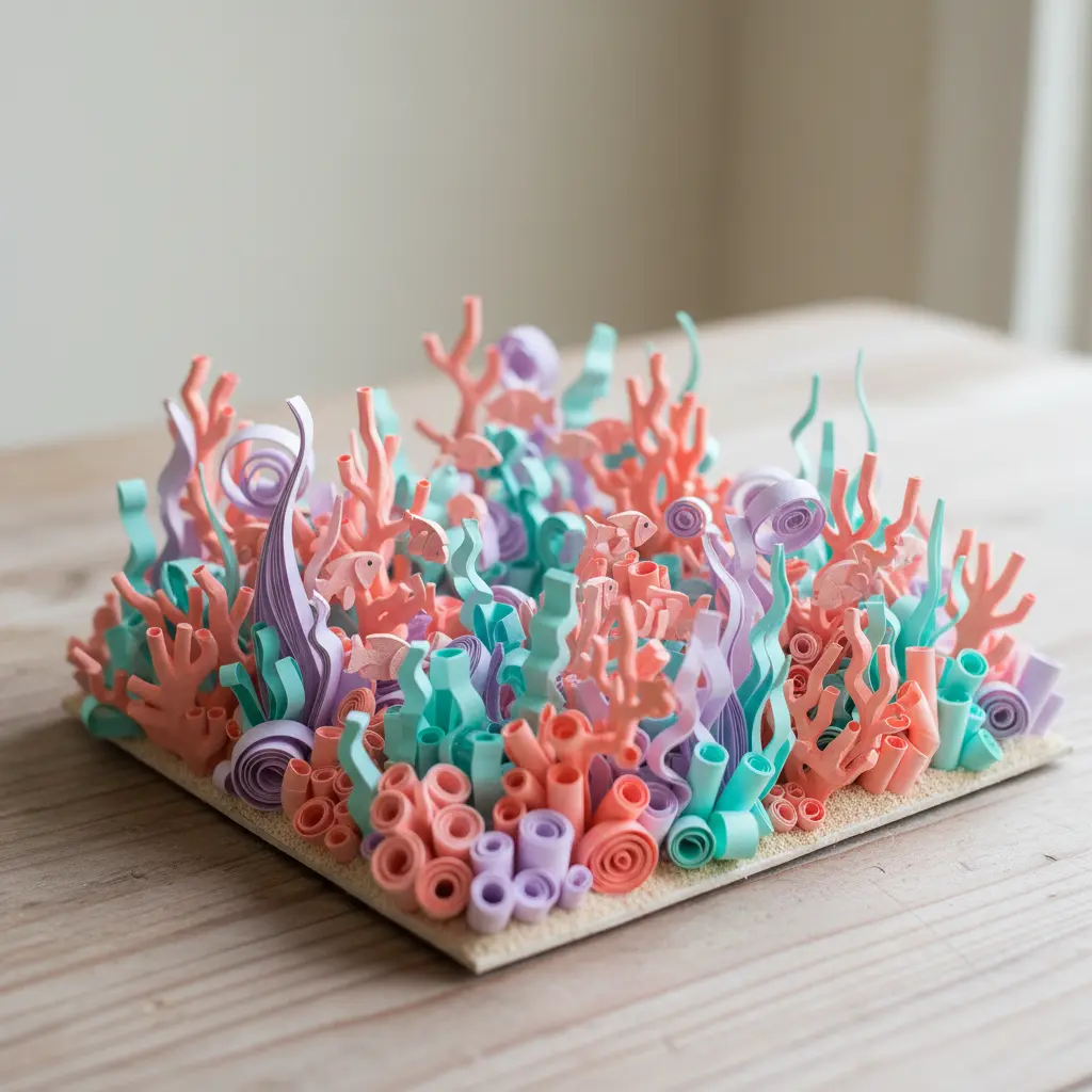An underwater scene with coral structures made from curled and twisted strips of colorful paper ribbon.