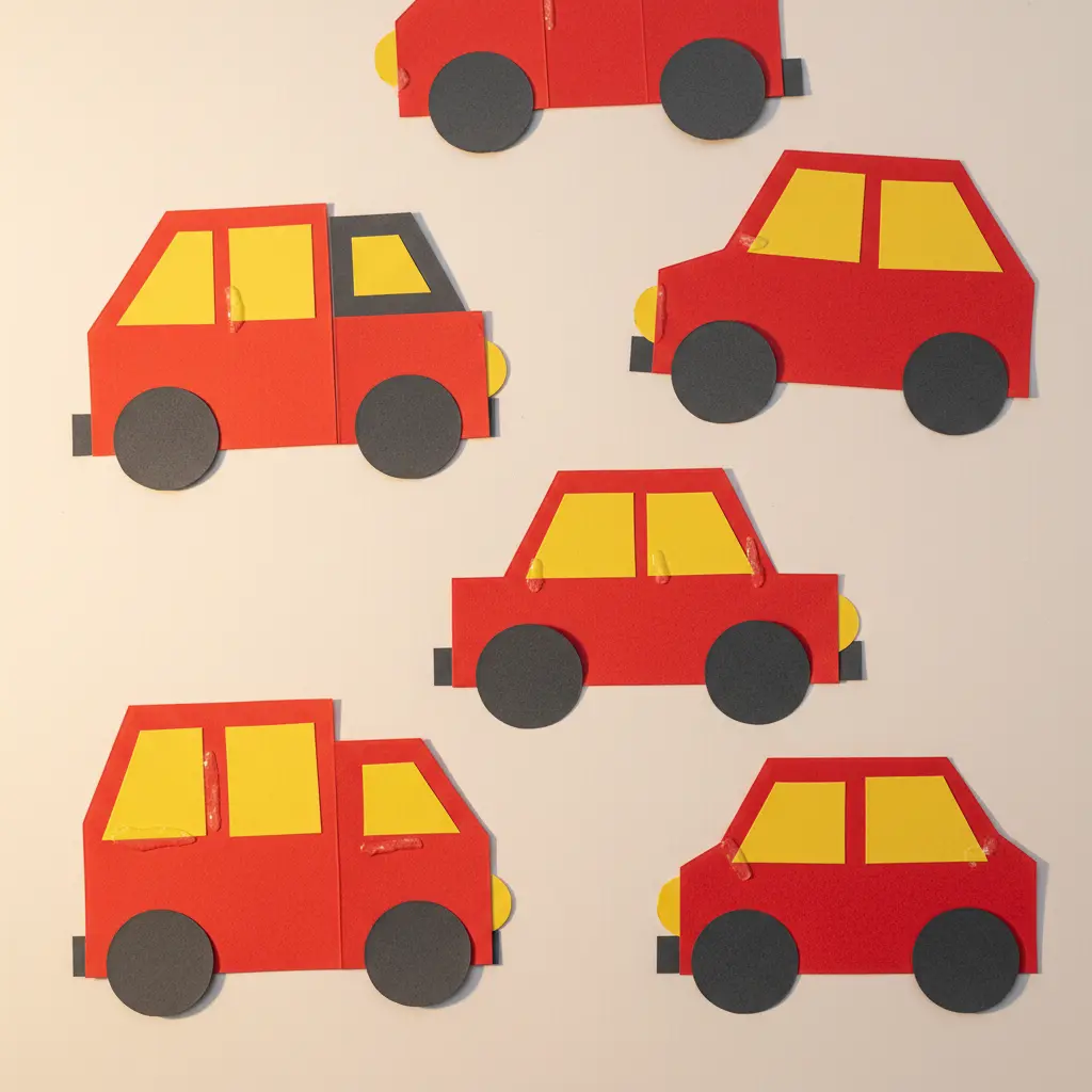 Simple vehicle shapes like cars and trucks assembled from paper circles for wheels and rectangles for bodies.
