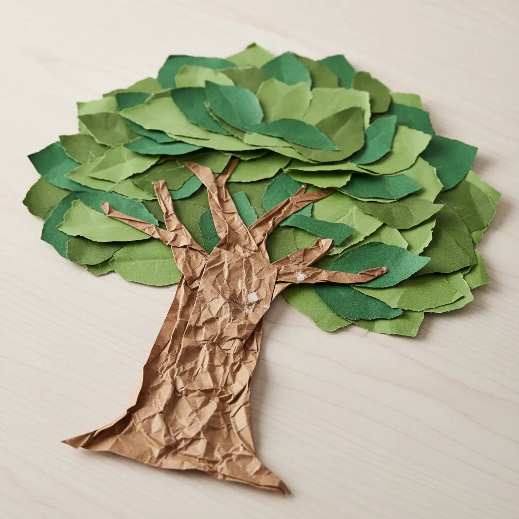 A tree with a trunk made from wrinkled and torn brown kraft paper, topped with a green paper canopy.
