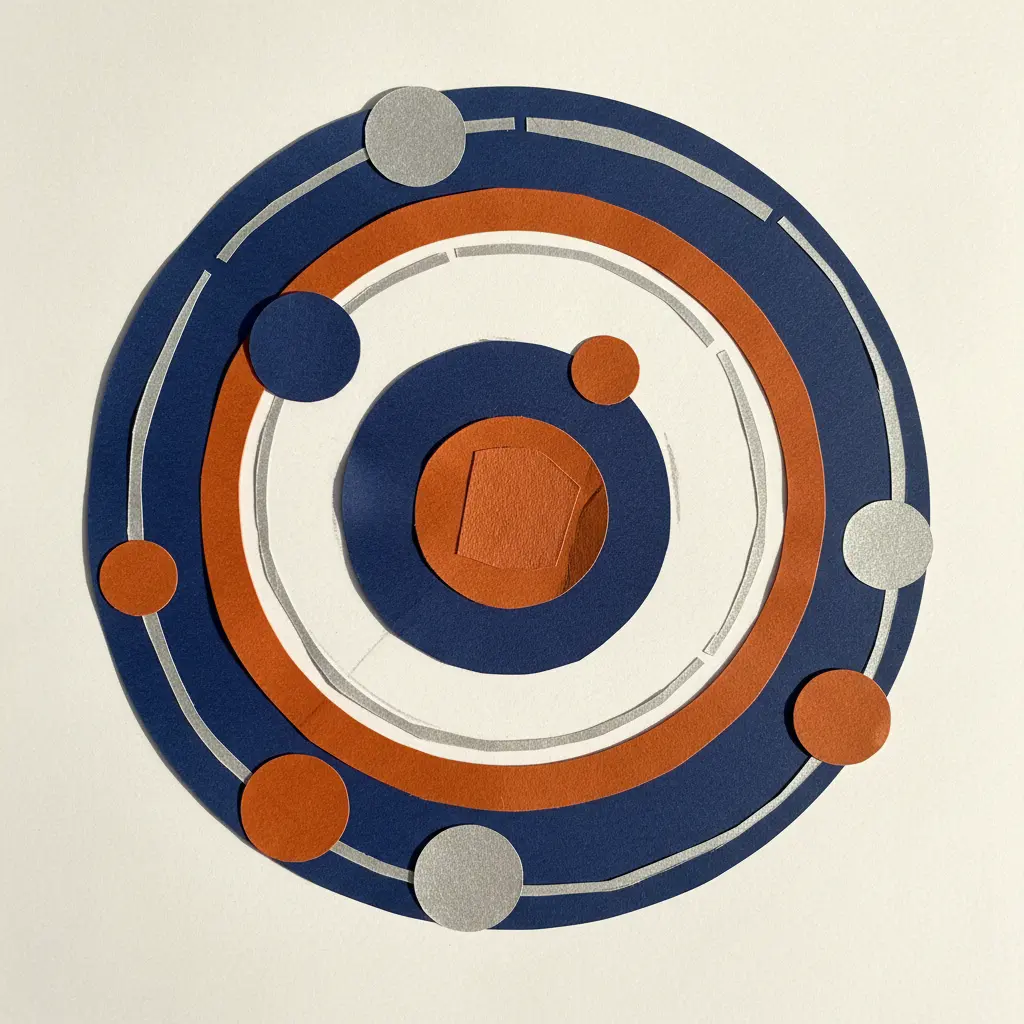 A dark blue space background with various sized paper circles representing planets in different colors.