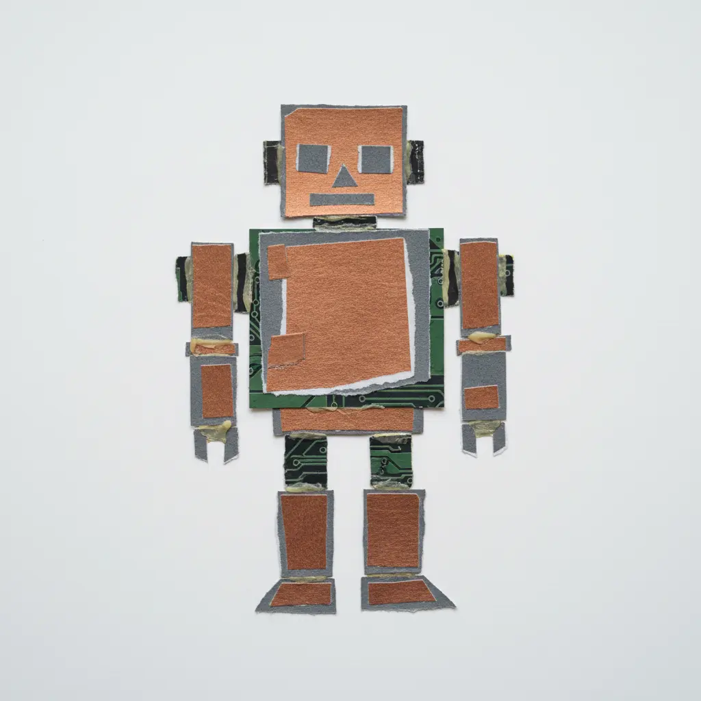 A robot character with a rectangular body, square head, and limbs made from mismatched paper scraps.