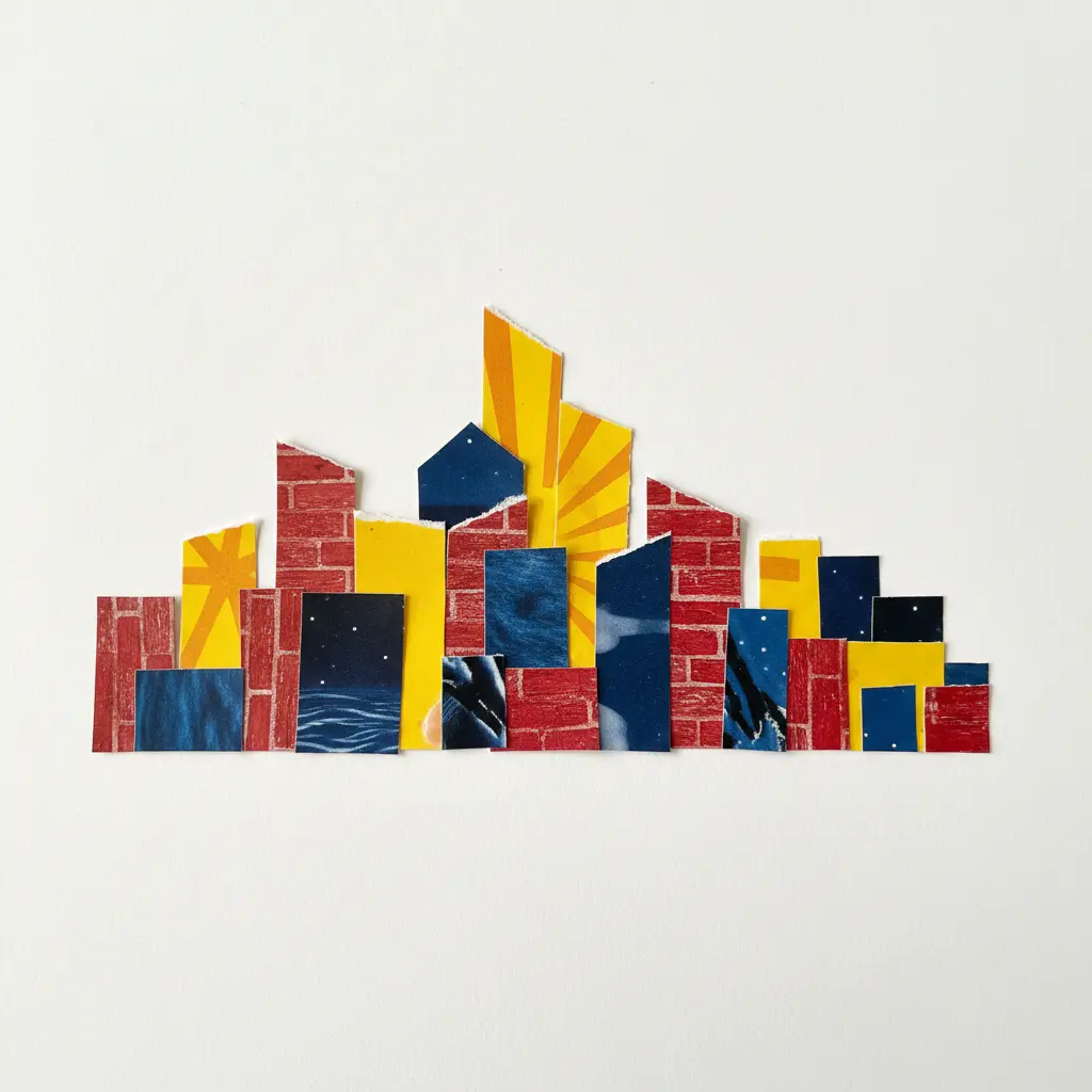 A colorful city skyline composed of rectangular and square magazine cutouts in various colors.