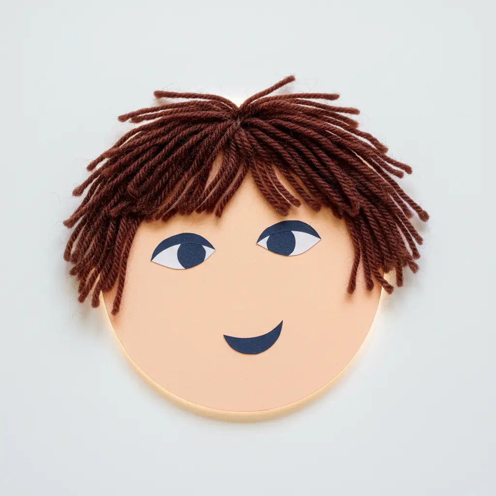 A simple oval face shape with cut paper eyes, a nose, a mouth, and yarn hair glued in place.