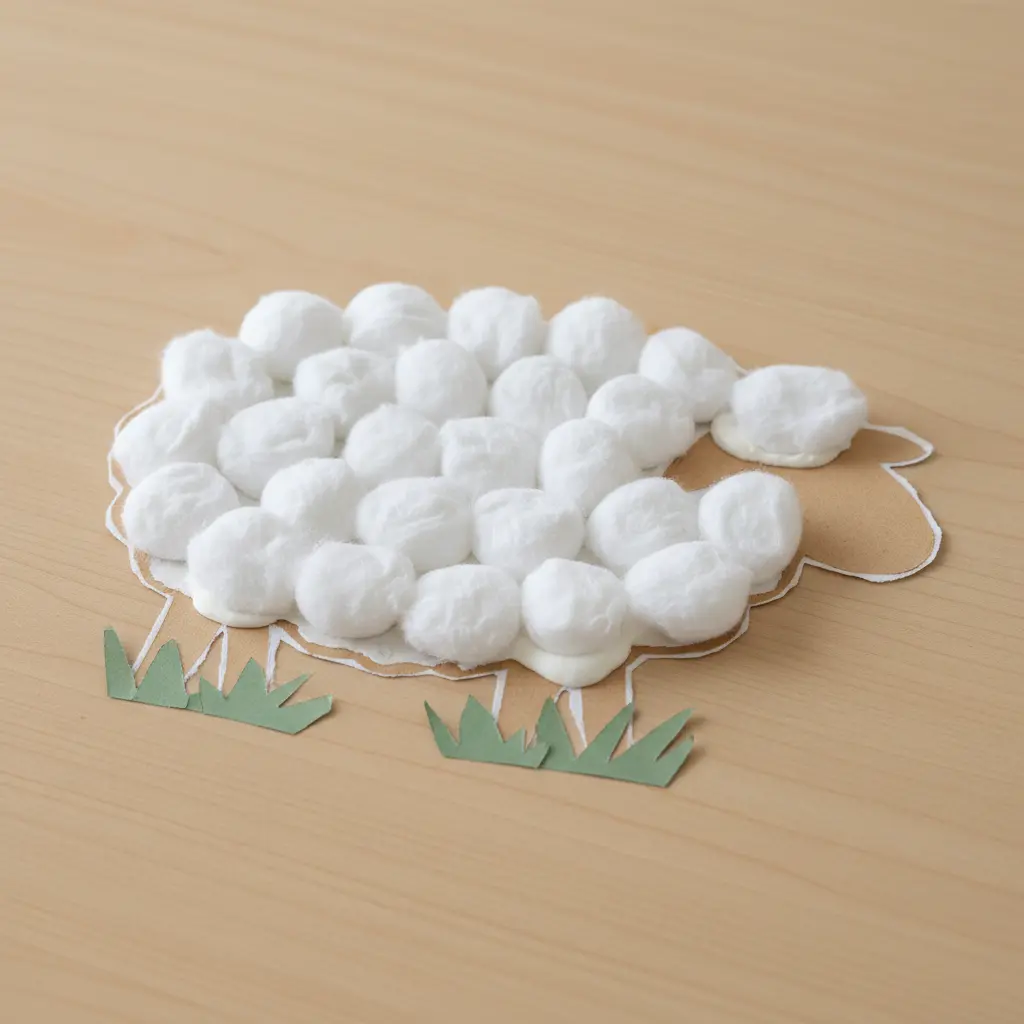 A simple sheep shape with a paper head and legs, covered in fluffy white cotton balls.