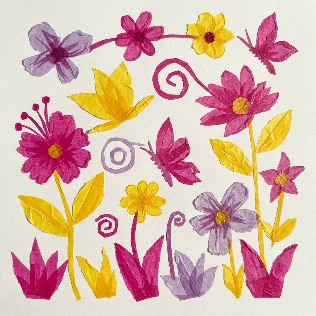 A vibrant garden scene with layered tissue paper flowers in pink, yellow, and purple on green paper stems.