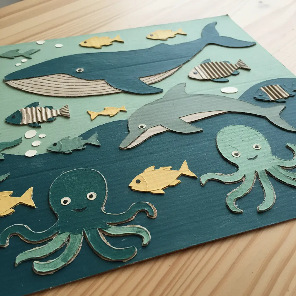 An underwater scene with fish and seaweed shapes cut from textured, painted cardboard pieces.