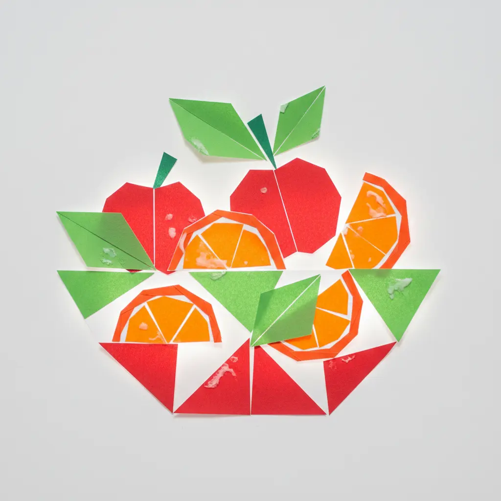 A simple bowl shape filled with fruit represented by colorful paper triangles in red, orange, and green.