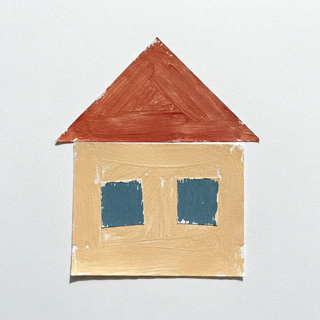 A child's drawing of a house made from a square paper body, a triangle roof, and rectangle windows.