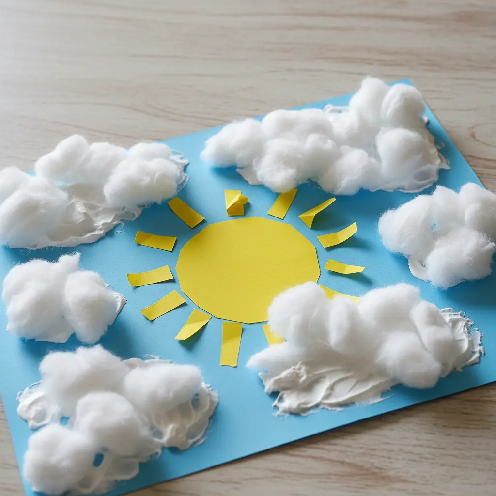 A blue paper sky with a yellow paper sun and puffy white clouds made from stretched cotton balls.