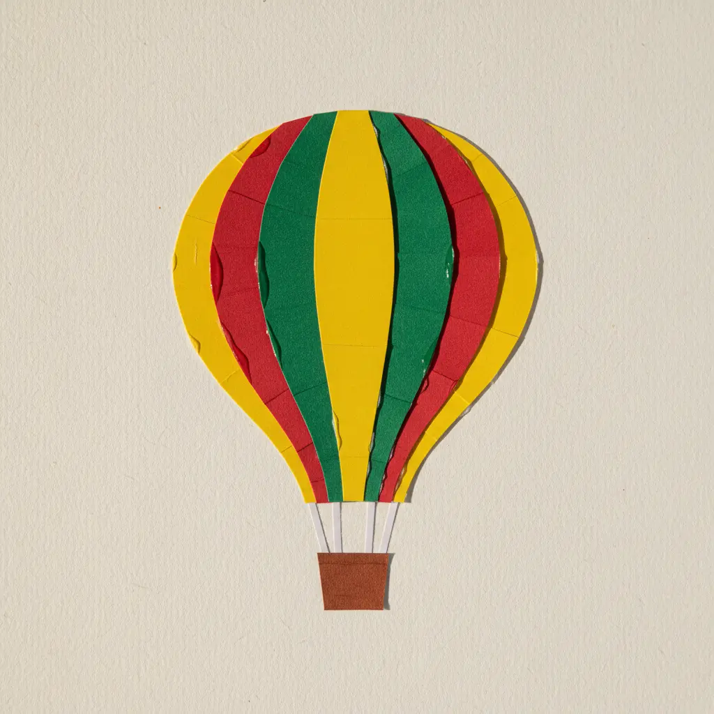 A hot air balloon shape divided into colorful stripes of red, orange, yellow, green, and blue paper.