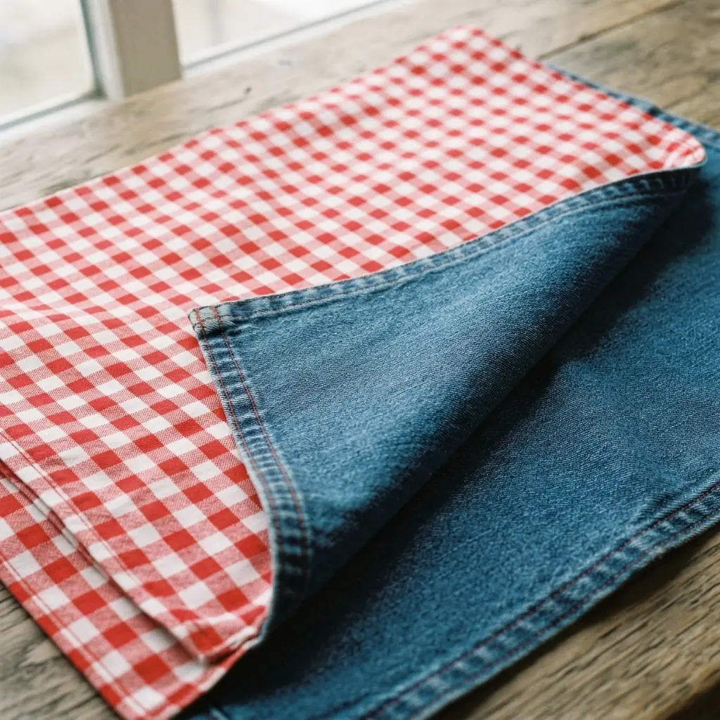 A picnic tablecloth showing a crisp red gingham pattern on one side and a solid blue denim reverse side.