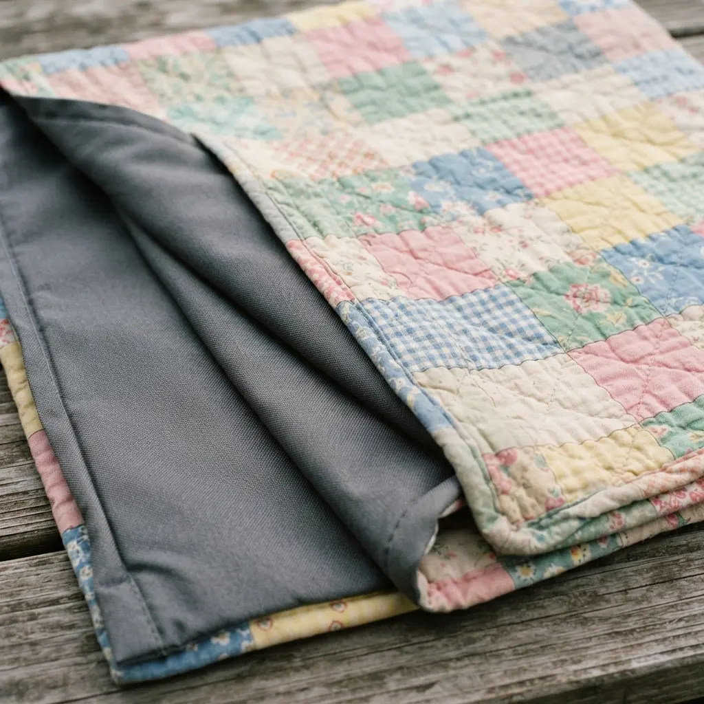 A reversible picnic tablecloth showing a patchwork vintage quilt top on one side and a solid gray weatherproof polyester reverse.