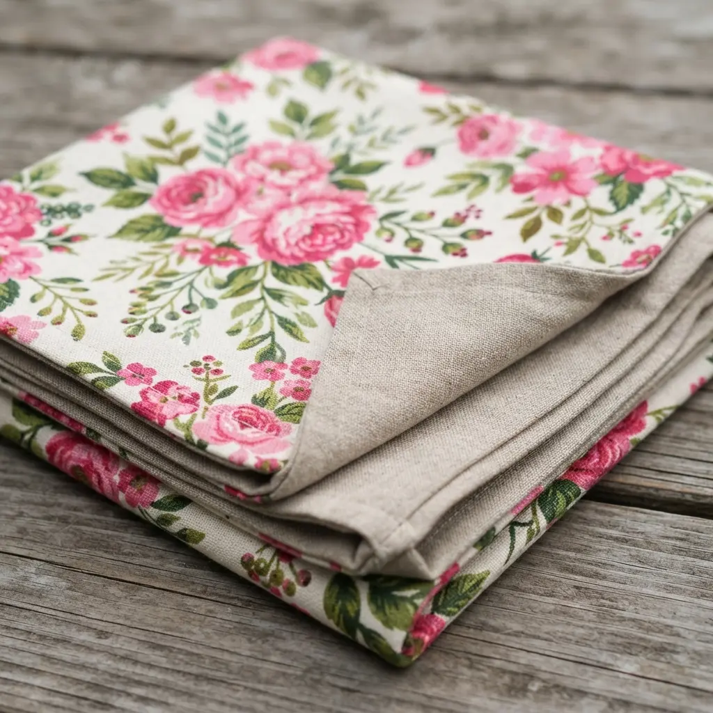 A reversible outdoor tablecloth with a vibrant floral print on heavy canvas and a solid beige linen reverse.