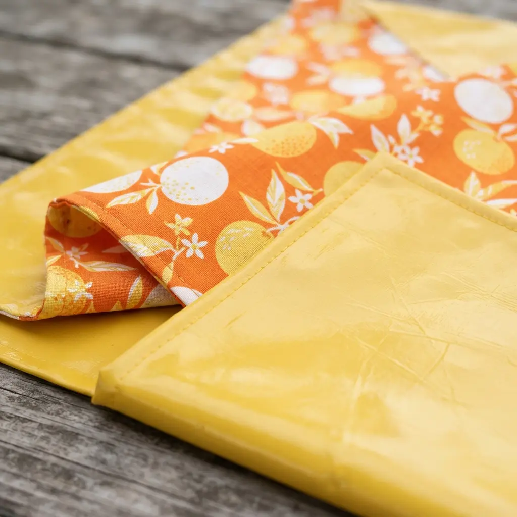 A picnic tablecloth showing a glossy yellow waterproof oilcloth side and a reverse side with a bright citrus print on cotton.