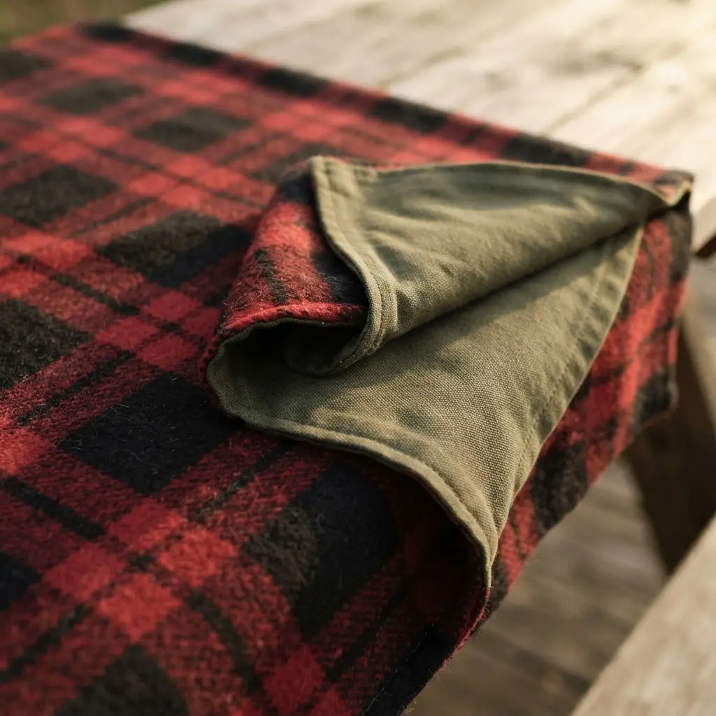 A thick, reversible tablecloth featuring a red and black wool plaid on one side and a solid olive green duck cloth reverse.