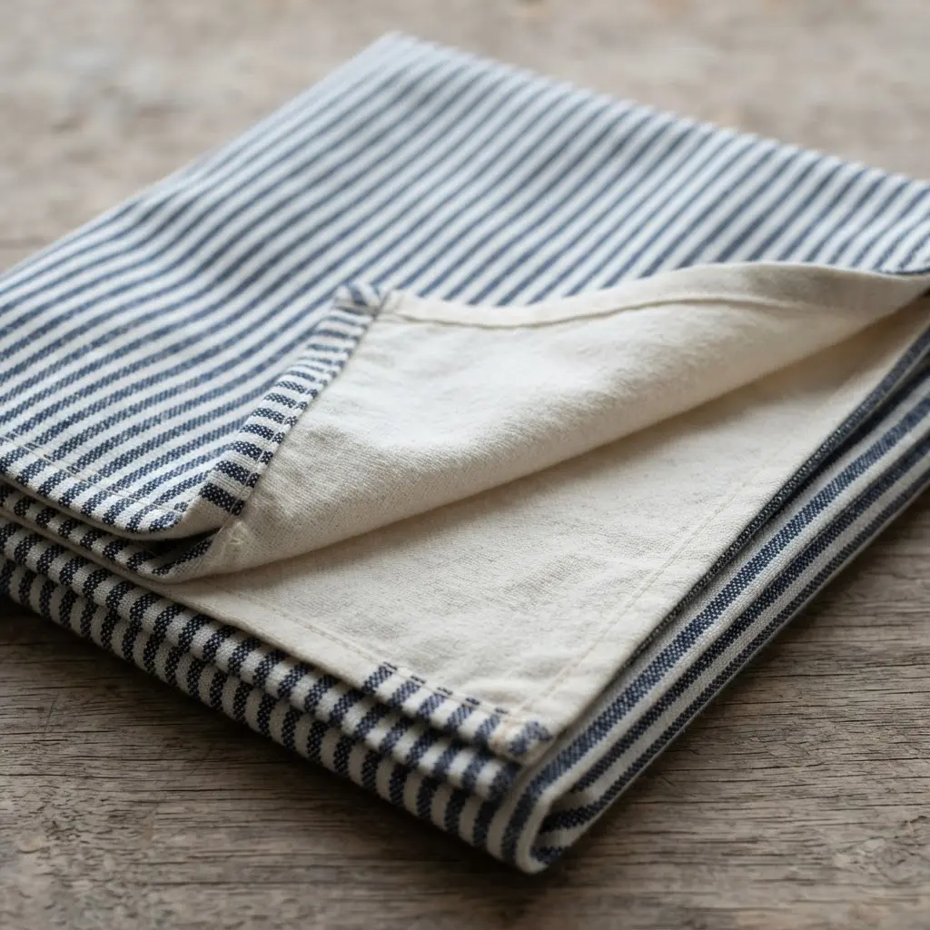 A reversible picnic tablecloth with thin blue and white striped cotton ticking on one side and a solid cream organic cotton reverse.
