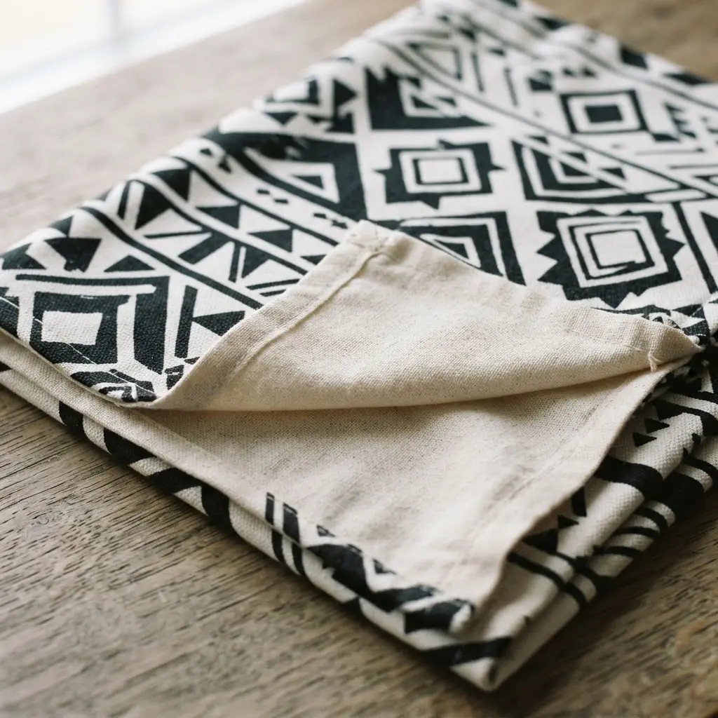 A contemporary picnic tablecloth showing a black and white geometric pattern on canvas and a plain natural muslin reverse side.