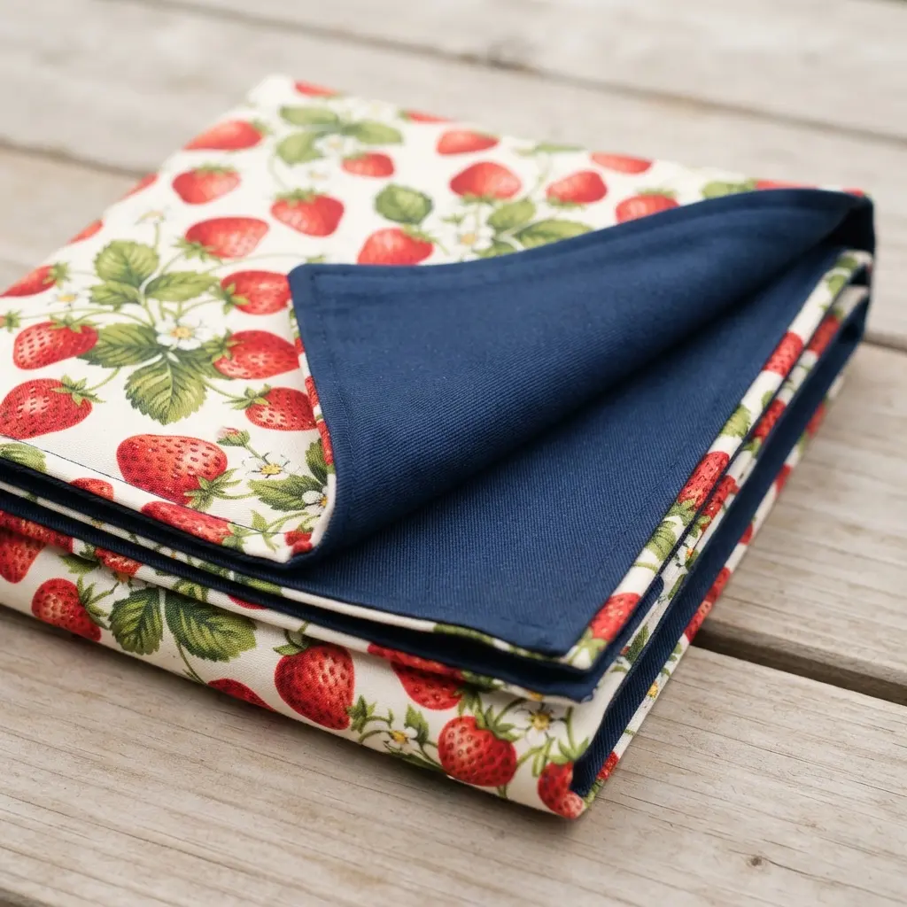 A picnic tablecloth with a colorful strawberry print on quilting cotton on one side and a solid navy cotton twill reverse.