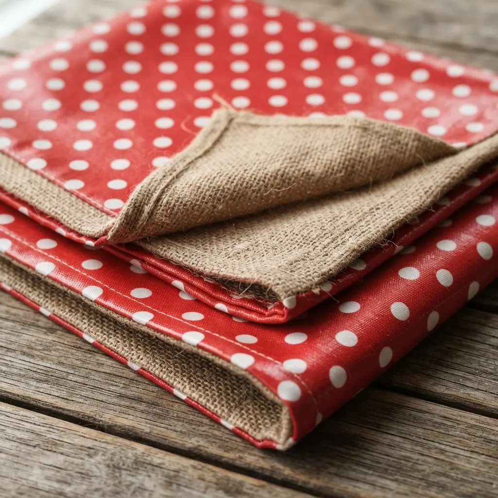A reversible tablecloth showing a white polka dot pattern on red laminated cotton and a natural, textured burlap reverse side.