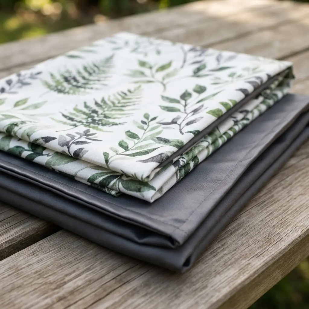 A sophisticated picnic tablecloth featuring a green abstract leaf print on one side and a solid charcoal cotton sateen reverse.