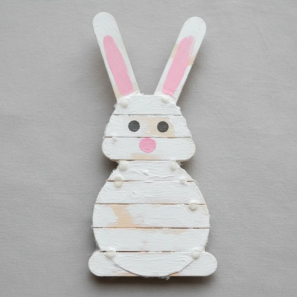 A simple white bunny craft made from three painted popsicle sticks with pink paper ears.