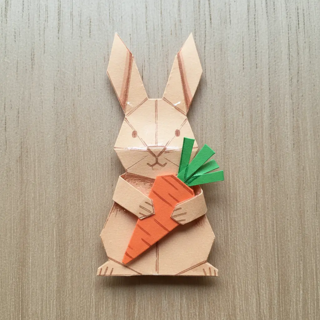 A painted popsicle stick bunny with a small orange and green paper carrot glued to its front.