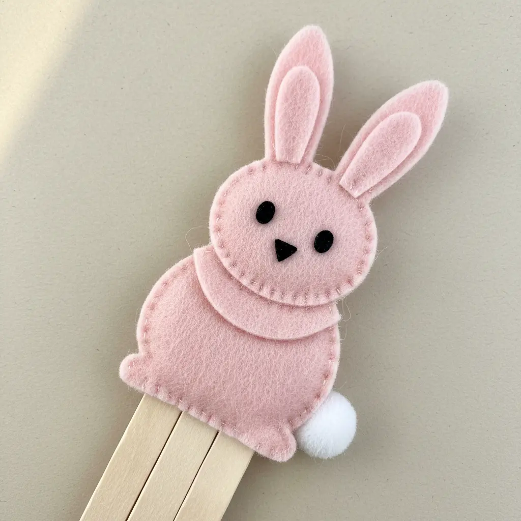 A popsicle stick bunny with long, floppy ears made from soft pink felt.