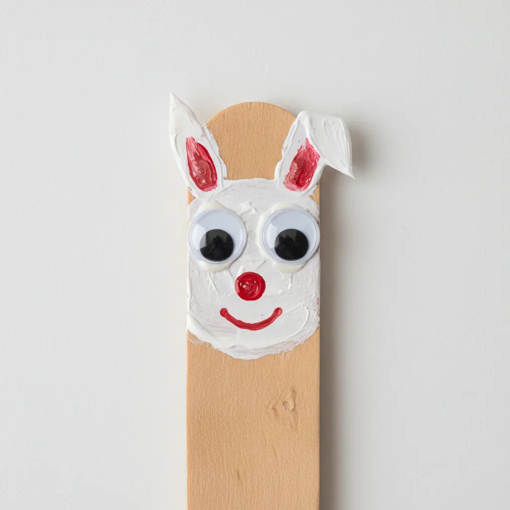 A bunny's smiling face crafted on a popsicle stick using googly eyes and a painted nose.
