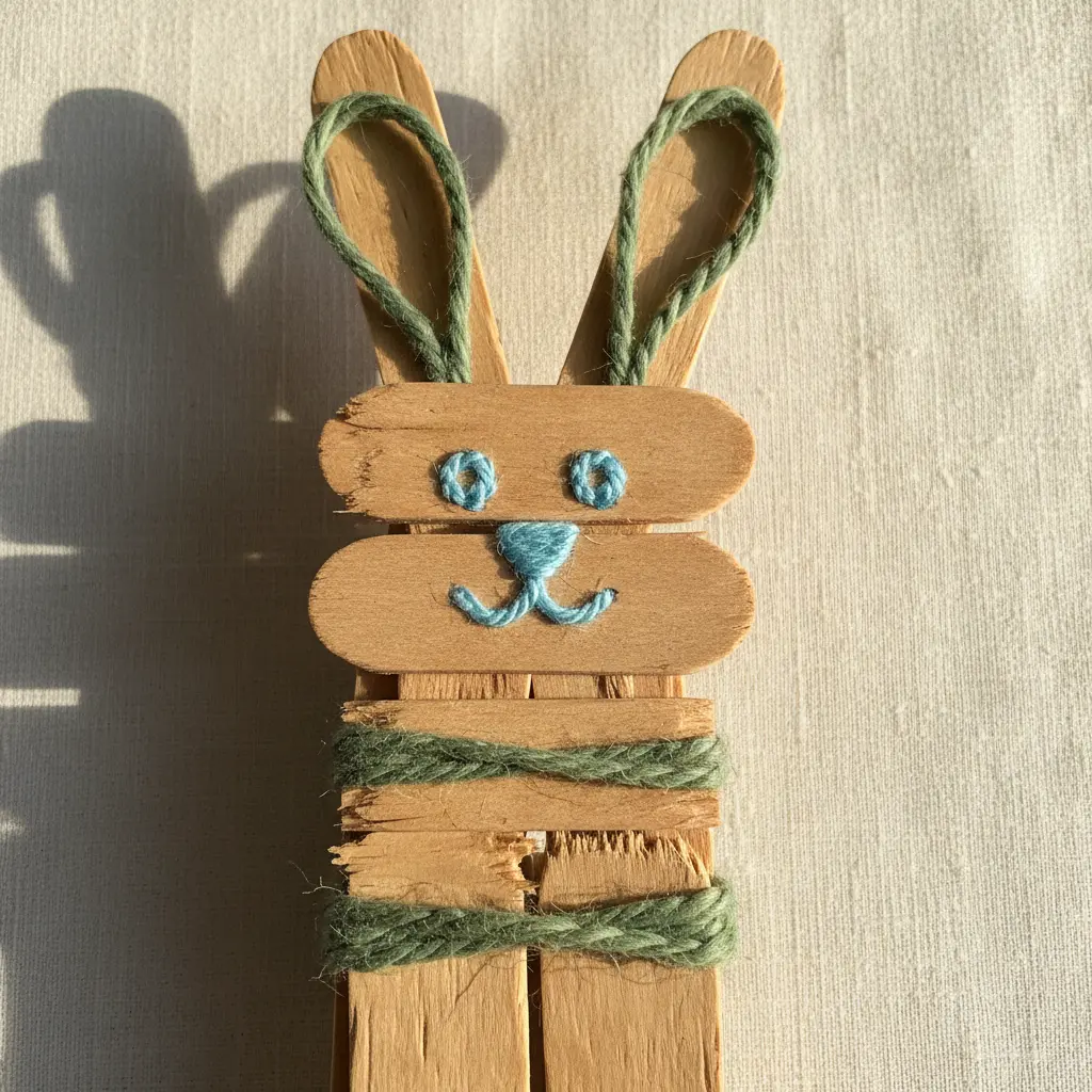 A large bunny puppet made by gluing together several jumbo popsicle sticks.