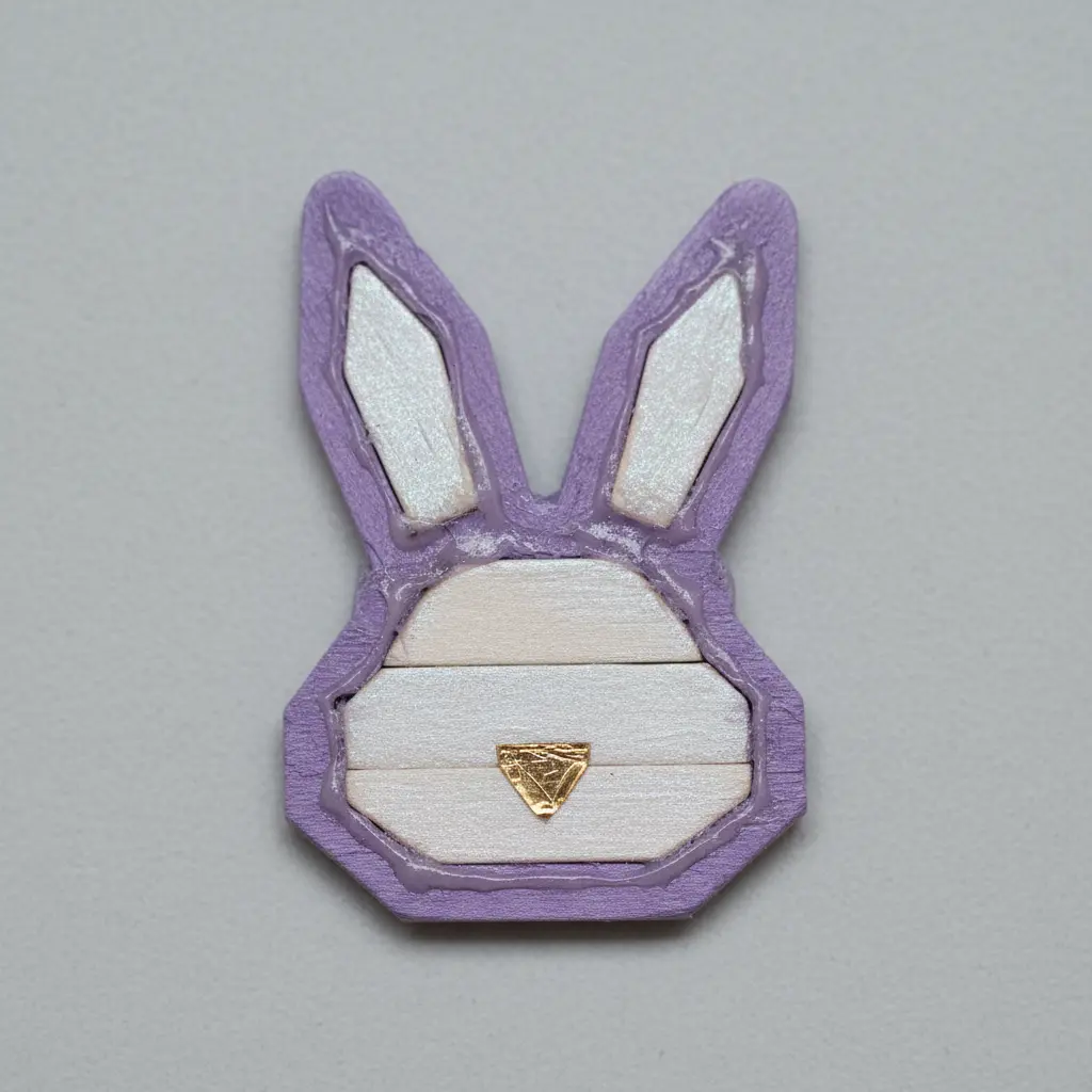 A tiny bunny ornament formed by gluing three small popsicle sticks in a triangle shape.