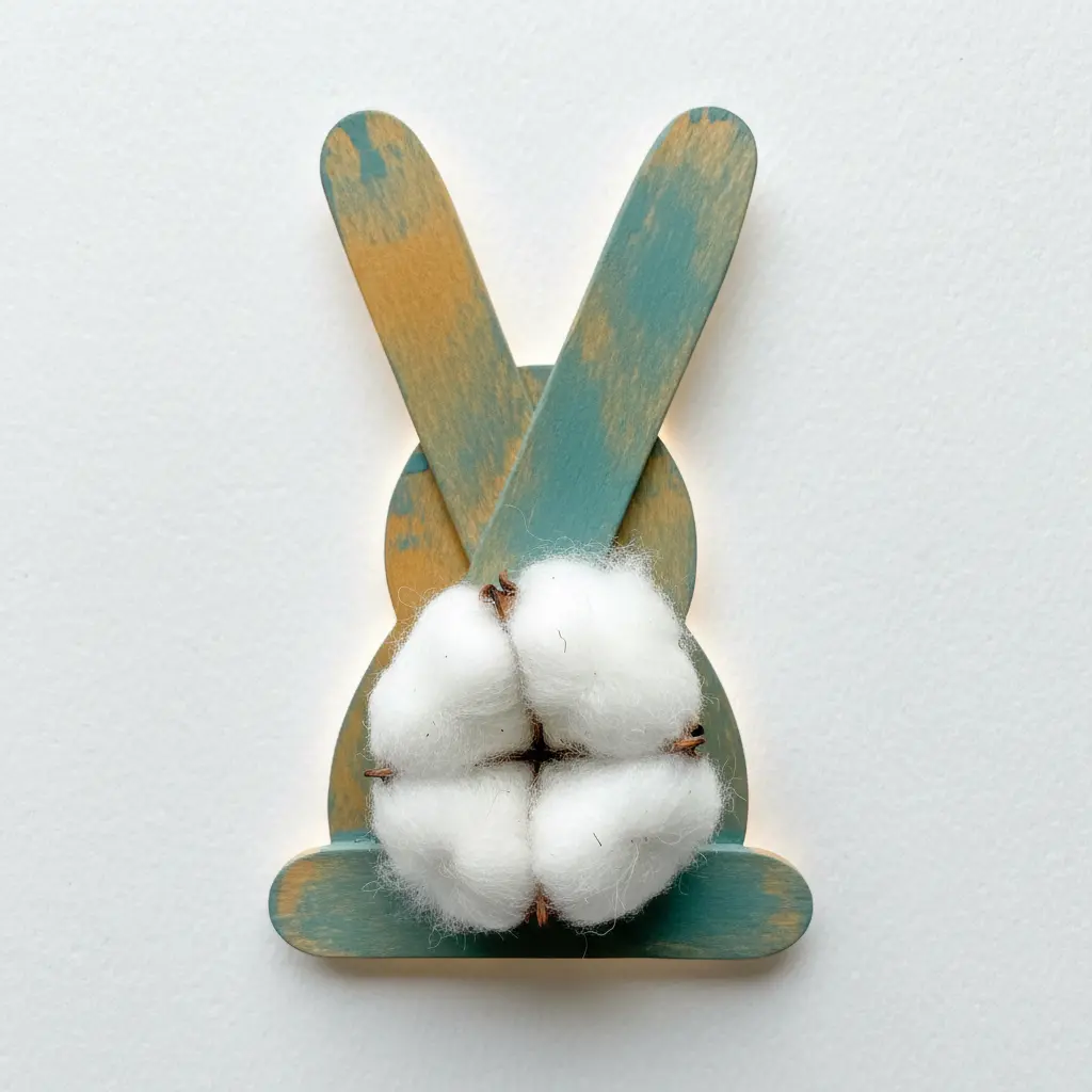 The back view of a popsicle stick bunny showing a white fluffy cotton ball tail.