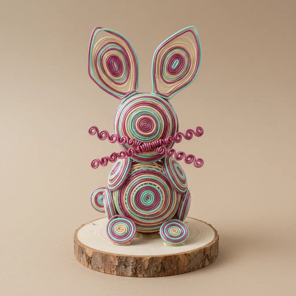A painted popsicle stick bunny face with curly pink pipe cleaners for whiskers.