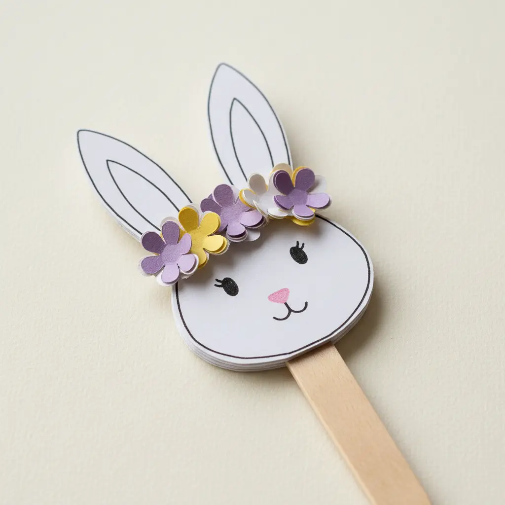 A popsicle stick bunny decorated with a tiny floral crown made from paper and glue.