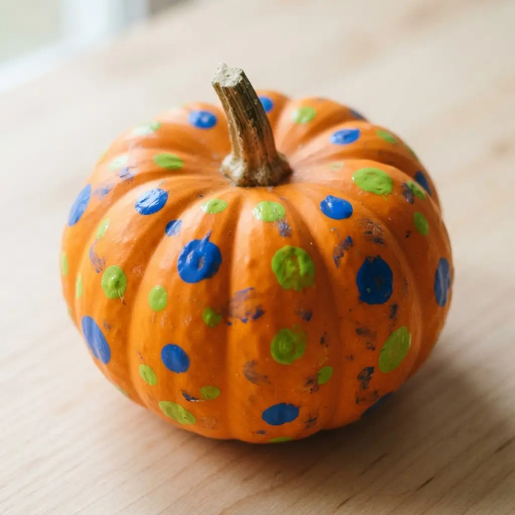 A pumpkin painted with vibrant, multi-colored polka dots using acrylic paint.