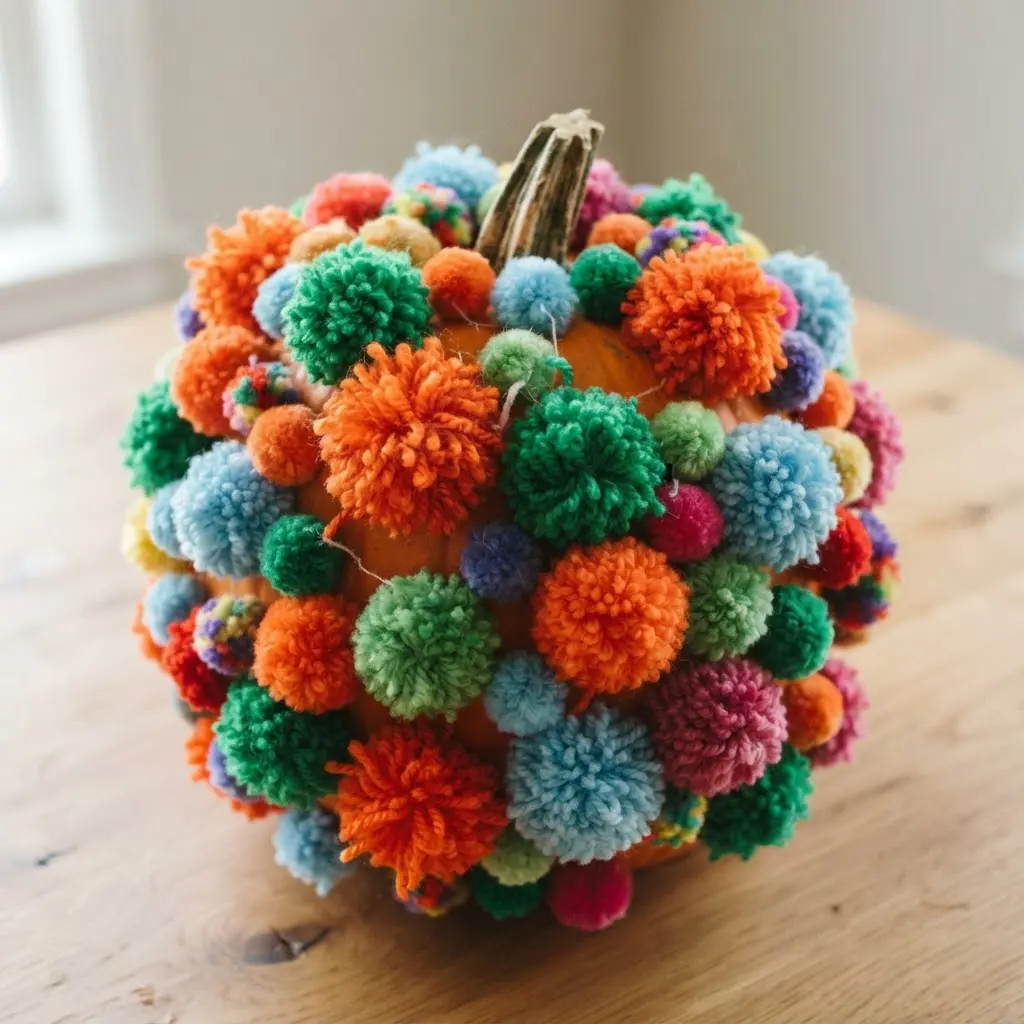 A pumpkin with various sizes of bright pompoms glued onto its surface.
