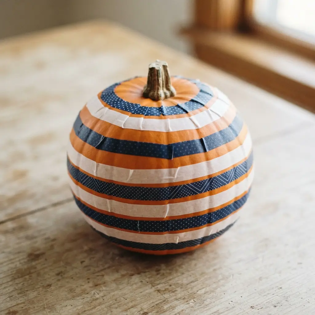 A pumpkin decorated with alternating stripes of black and white patterned washi tape.