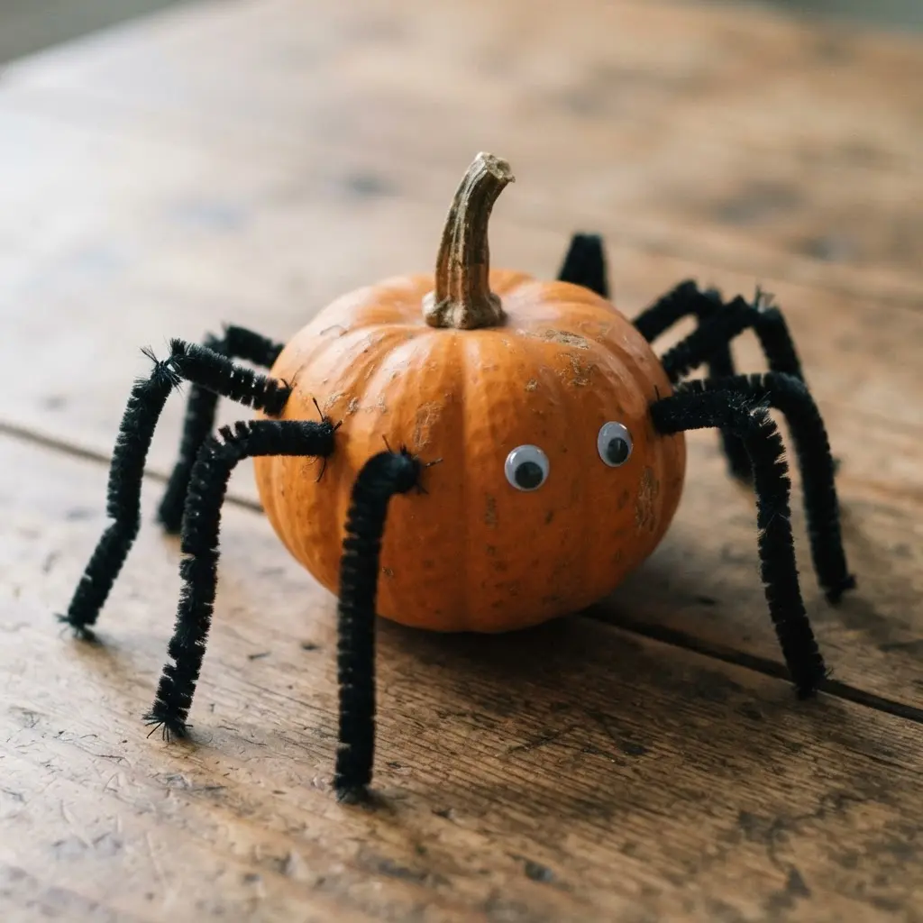 A small pumpkin with bent black pipe cleaners attached to resemble spider legs.