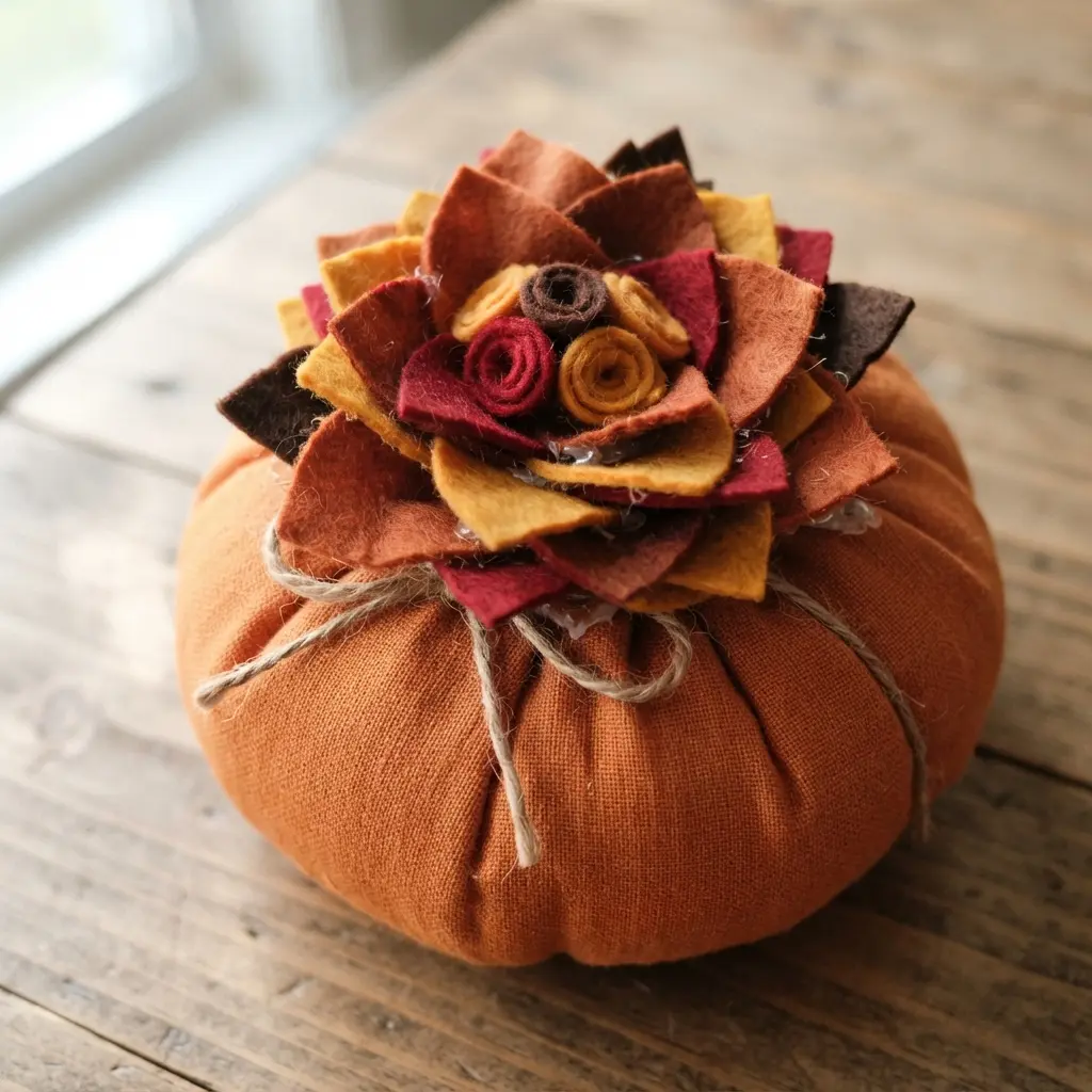 A pumpkin with a multi-layered felt flower in red, orange, and yellow glued to its top.